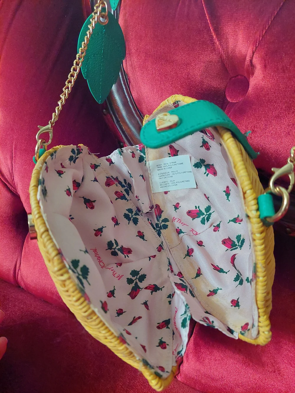 Betsey Johnson Woven Lemon Crossbody with Green Leaf Accents and Gold Chain